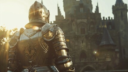 Majestic knight in shining armor standing guard at the towering gates of an imposing medieval castle symbolizing strength courage and the legacy of a storied past