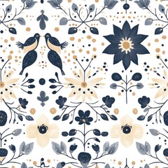 A decorative floral pattern featuring birds and various flowers in a harmonious design.
