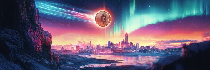 Bitcoin Crypto Coin Rocketing Through Aurora Borealis with Shockwaves Background. BTC Cryptocurrency Digital Art Concept. 