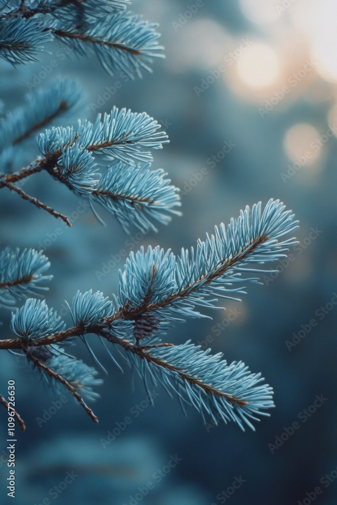 Poster A close-up of a pine tree branch with needles and cones