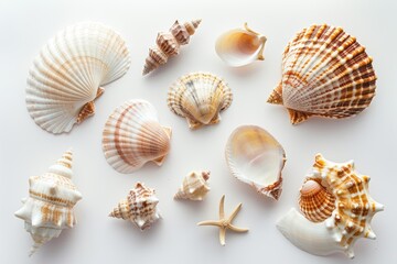 Obraz premium Collection of sea shells arranged on a white surface