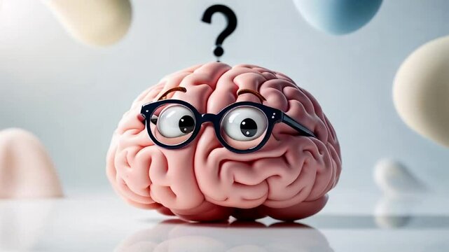 cute cartoon brain with glasses question mark