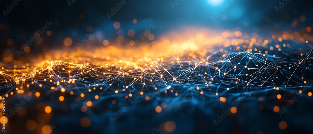 Poster binary code data streams and virtual connections in cyberspace, dark blue futuristic backdrop, 3d re