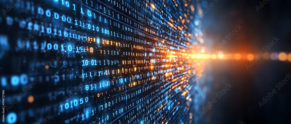 Poster binary code data streams and virtual connections in cyberspace, dark blue futuristic backdrop, 3d re