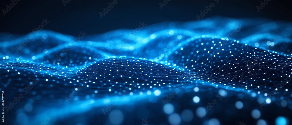 Poster binary code data streams and virtual connections in cyberspace, dark blue futuristic backdrop, 3d re