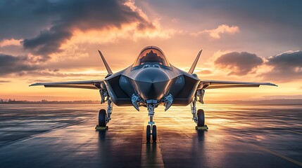 Fototapeta premium A sleek military jet on a runway at sunset, showcasing advanced aerodynamics and technology.