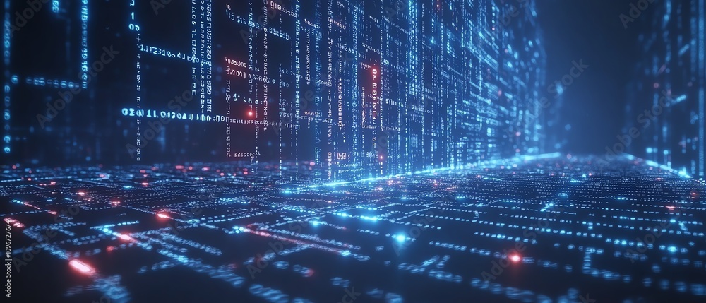 Poster digital network connections and binary code flowing in cyberspace, dark blue futuristic background, 