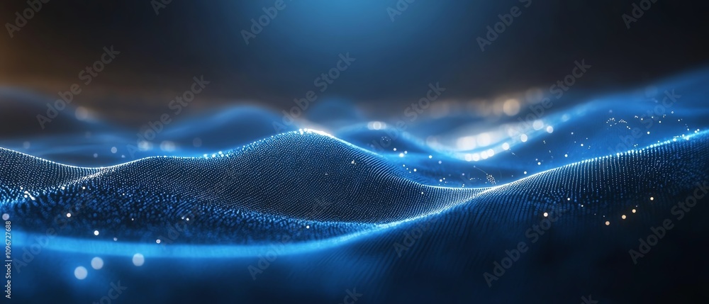Poster digital network connections and binary code flowing in cyberspace, dark blue futuristic background, 