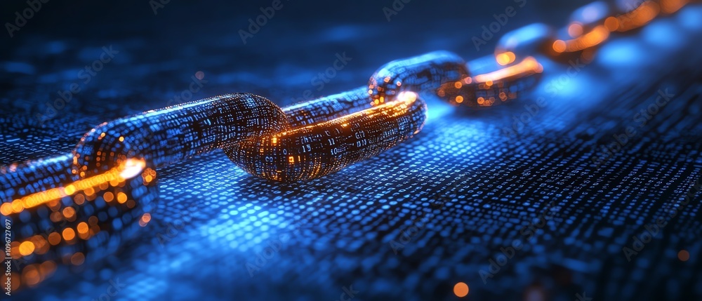 Poster digital network connections and binary code flowing in cyberspace, dark blue futuristic background, 