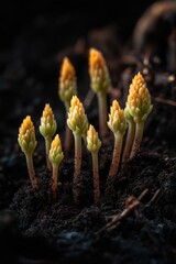 A cluster of small yellow flowers growing out of the ground, perfect for representing growth and renewal
