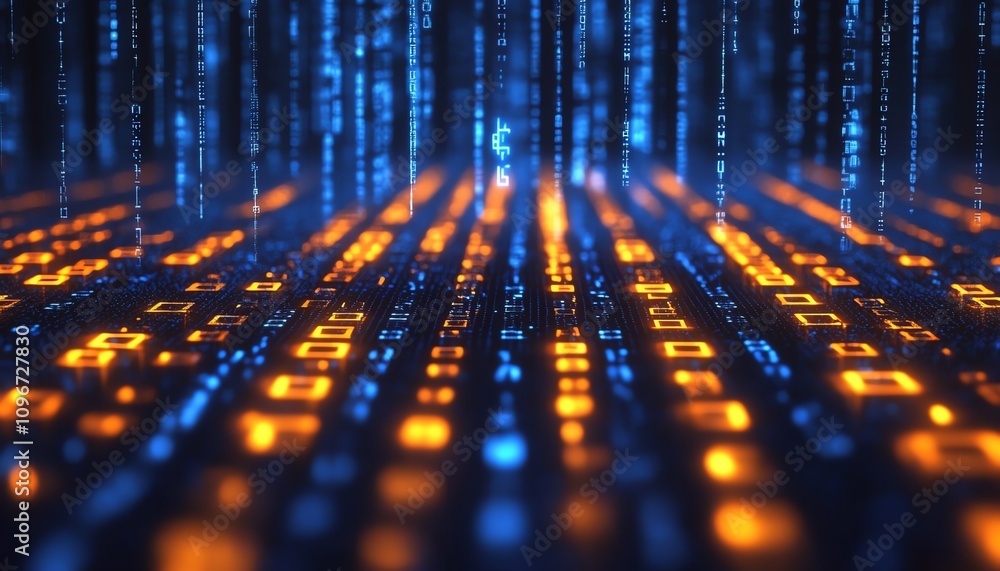 Poster futuristic digital data and network concept, glowing binary code strings on a dark blue backdrop, cy