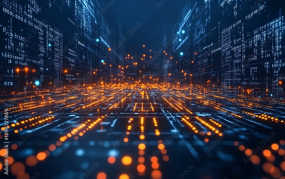 Poster glowing binary code and digital data connections in a cyberspace network, dark blue background, futu