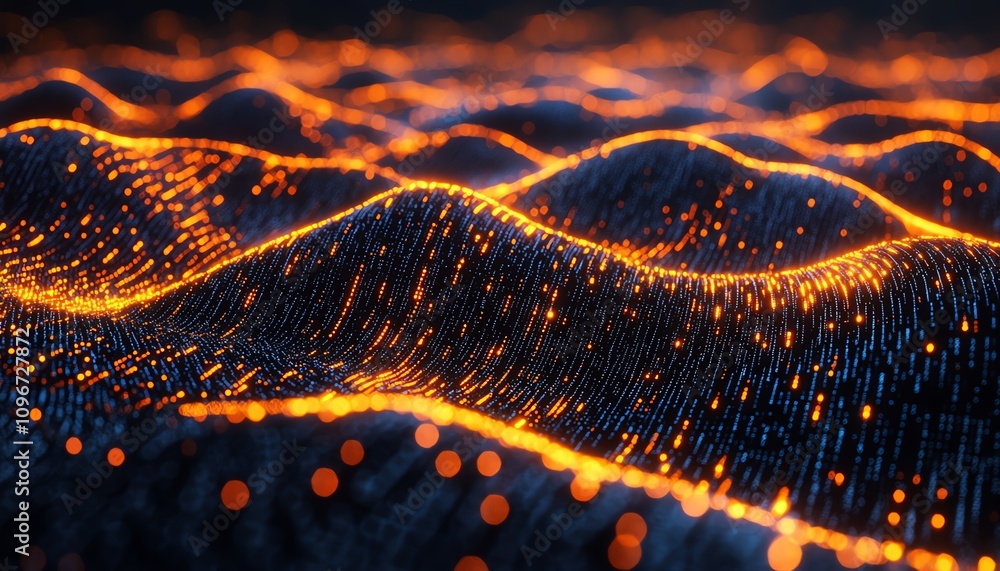 Poster futuristic digital data and network concept, glowing binary code strings on a dark blue backdrop, cy
