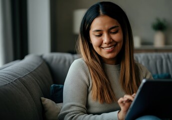 Obraz premium Woman Relaxing on Couch Using Tablet