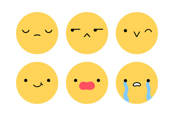 A cute emoji set with different facial expressions. Yellow characters with happy, joyful, sad, disappointed, surprised, crying mood. Vector flat illustration.  Perfect for social media, stickers.