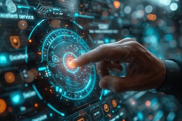 Businessman Interacting with Virtual Screen Showing Emotion Icons and Star Scales for Customer Service Experience