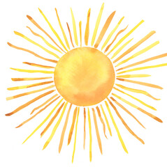 Sunshine with Hot Beam Watercolor Hand Painted on Isolated Background Clip Art 