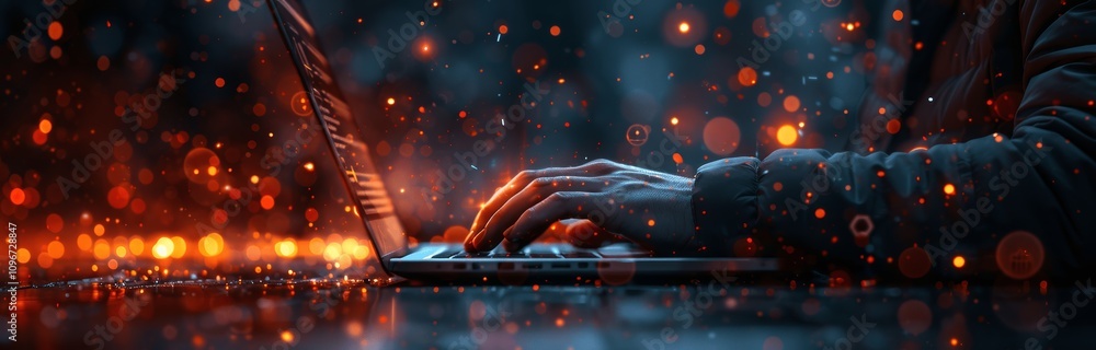 Poster businessman using laptop for digital marketing and data analysis with growth graphs on virtual scree