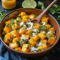  A vibrant salad of diced mango, fresh mint, lime, and sauce in a deep bowl