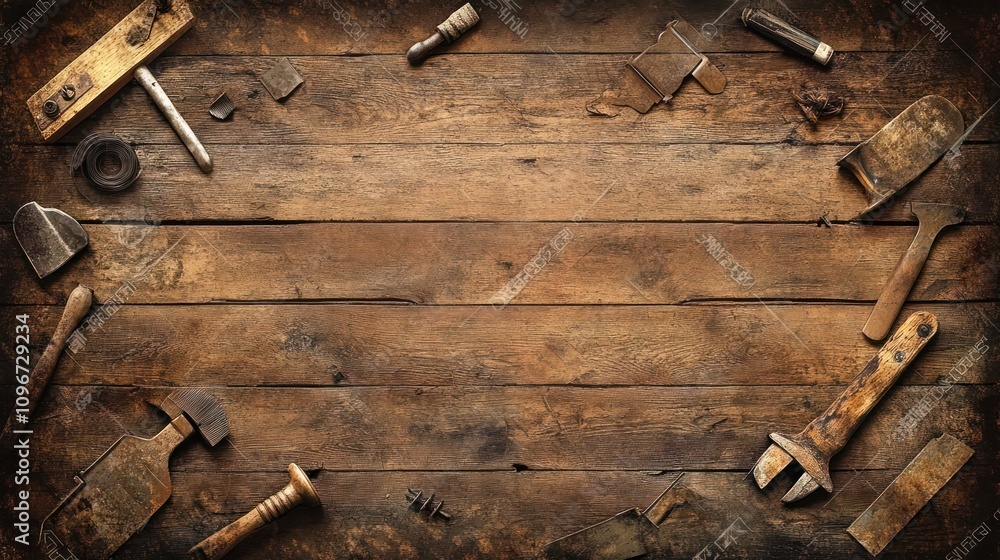 Poster a collection of vintage tools arranged on a wooden background for diy and craftsmanship.