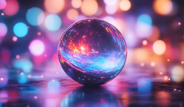 3D render of a glass sphere with a colorful galaxy inside, reflection on the surface, on an abstract blurred background, with glowing neon light effects, 