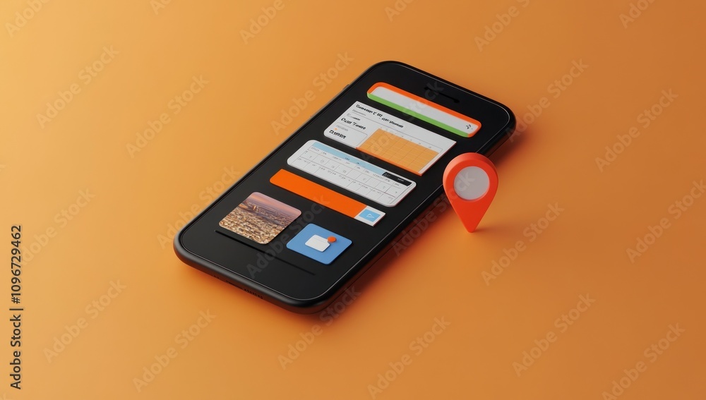 Poster A smartphone displaying various apps and a location marker on a vibrant background.