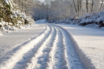 Obraz premium Snow-covered road near a dense forest, perfect for winter scenes or outdoor activities