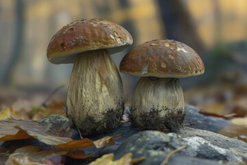 Fototapeta premium A pair of mushrooms sitting atop a pile of fallen leaves, perfect for autumn or nature-themed designs