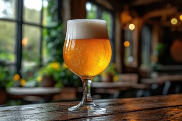 Golden pilsner beer, sharp focus on condensation droplets and frothy head, with blurred pub lights in the background.