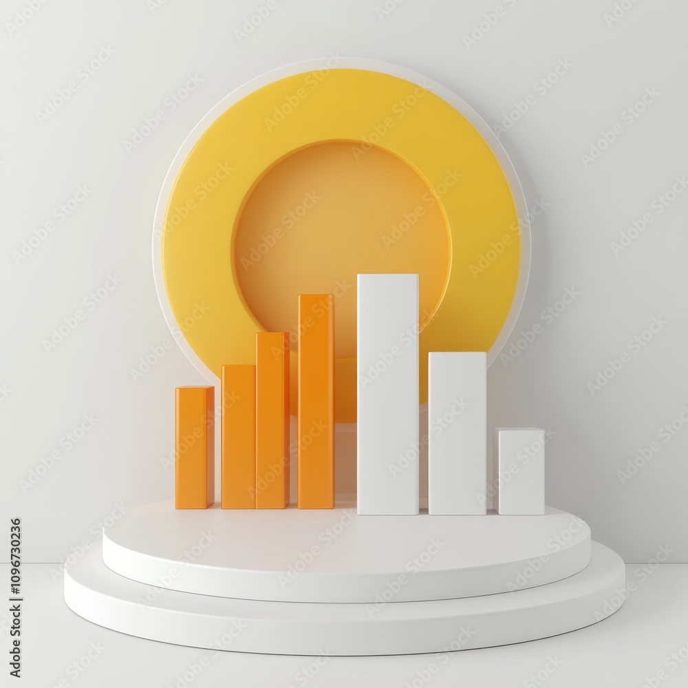 Poster A minimalist 3D representation of bar graphs with a circular backdrop, symbolizing data visualization.