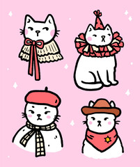 A set of cute white cats in different costumes. Vector hand-drawn illustration in doodle style. Perfect for cards, stickers, decorations, print, logo and various designs.