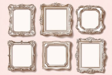 A collection of six silver picture frames on a pink background, ideal for decorating a room or giving as a gift