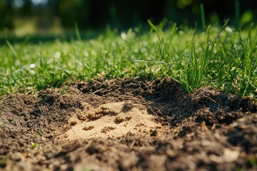 A dog's paw print left in the dirt and grass, great for outdoor or nature-themed projects