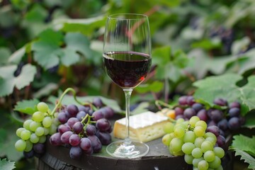 Naklejka premium A glass of wine, cheese, and grapes served on a wooden barrel for a cozy evening