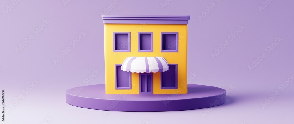 Poster A colorful 3D model of a building with an awning on a circular base.
