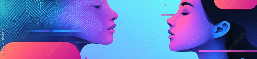 Poster Abstract illustration of two faces with vibrant colors, symbolizing connection and technology.
