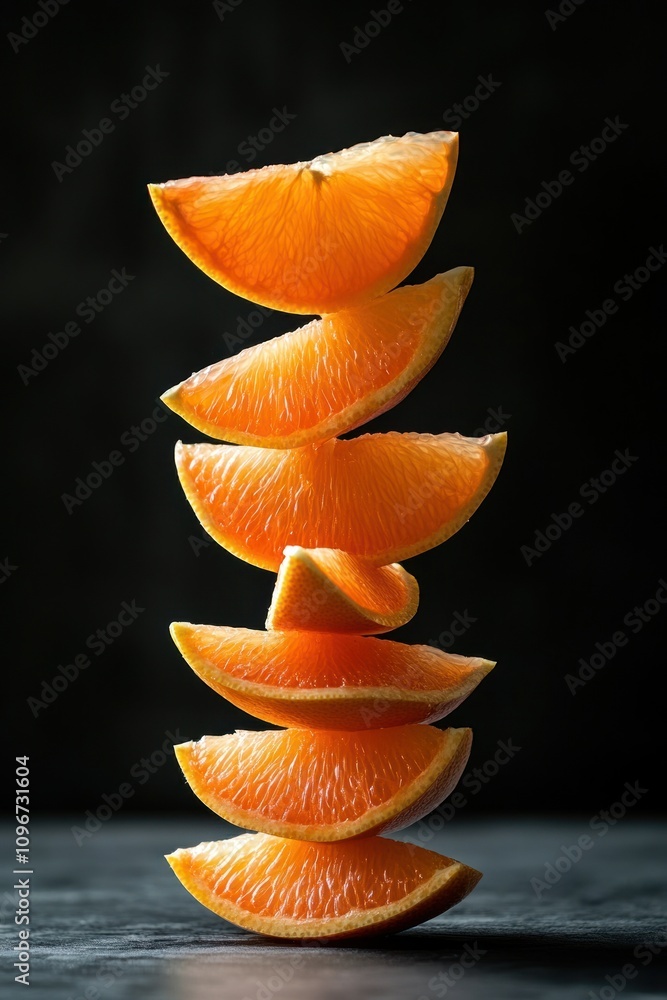 Poster a stack of orange slices arranged vertically against a dark background.
