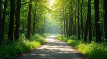 Obraz premium winding road leading through a lush forest, symbolizing the restart of a journey, atmosphere for new adventures