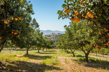 An orange grove featuring lush trees laden with ripe oranges, showcasing a vibrant and fruitful landscape. A picture-perfect orchard brimming with ripe and juicy fruit under a clear sky.