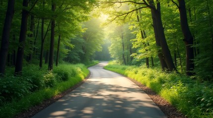 Obraz premium winding road leading through a lush forest, symbolizing the restart of a journey, atmosphere for new adventures