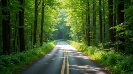 Obraz premium winding road leading through a lush forest, symbolizing the restart of a journey, atmosphere for new adventures