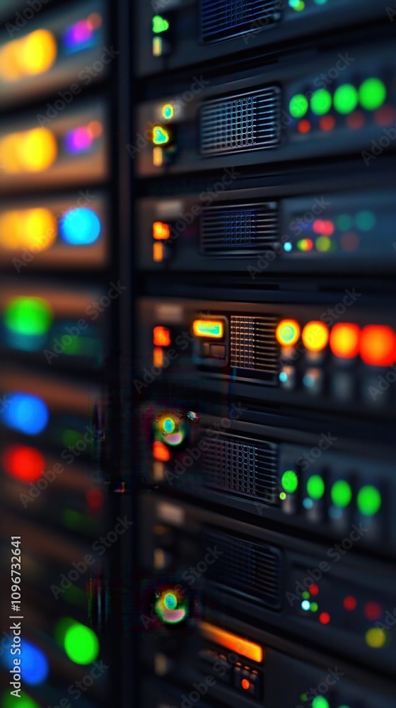 Poster close-up of colorful server lights in a data center, showcasing advanced technology and digital conn