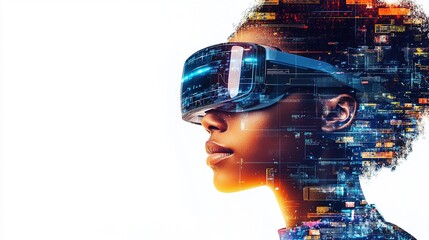 futuristic tech illustration of a person wearing augmented reality glasses, isolated on a clean white background, with digital interface elements