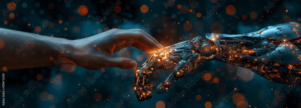 Aufkleber ai and machine learning, human and robot hands, big data network, deep learning, artificial intellig