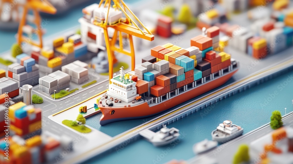 Poster a detailed miniature scene of a cargo ship at a bustling port with containers and cranes.