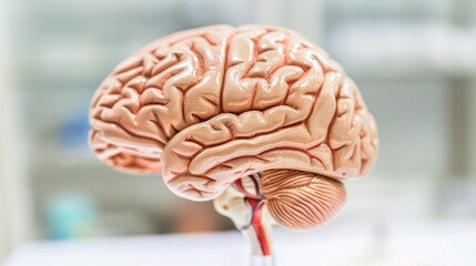 Human brain model with highlighted damage sections, representing brain injury research in a laboratory environment.