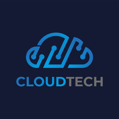 CloudTech Logo: Modern Cloud Computing Brand Emblem With Circuitry Lines And Blue Gradient Design Identity