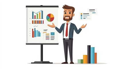 Fototapeta premium modern illustration of a business person giving a presentation, placed on a clean white background, with charts and graphs in hand