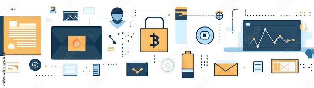 Poster digital icons representing technology, finance, and communication concepts.