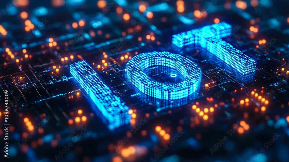 Poster digital matrix binary code forming iot symbolizing the internet of things concept